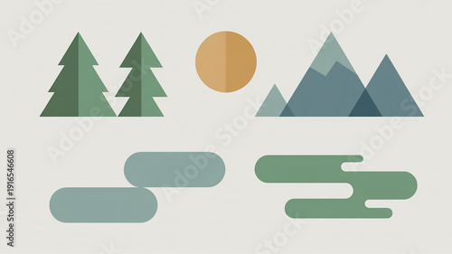 Minimalist landscape illustration with trees mountains sun and abstract water elements flat design vector art for nature concepts