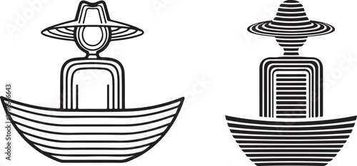 Minimalist outline illustration of fisherman in a boat wearing a wide brimmed hat on water in a simple line art style