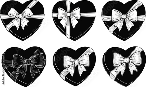 Heart shaped gift box with ribbon bow vector illustration set romantic love present packaging design collection isolated