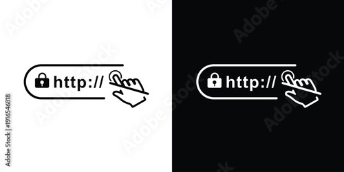 Interactive web browser icon with a hand clicking the address bar. Features circular tap ripples and a stylus line for touch screen interface and digital navigation concepts.