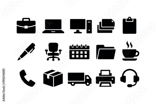 Business Service Delivery in silhouette style: briefcase, laptop, desktop computer, document stack, clipboard, pen, office chair, calendar, folder