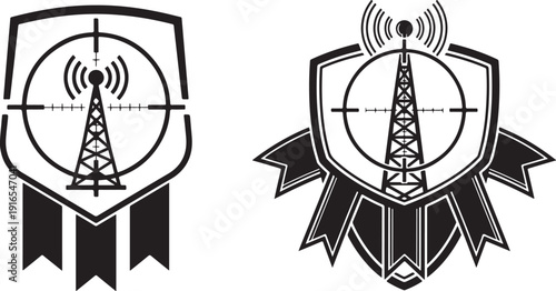 Radio tower transmission illustration with crosshair target scope inside shield shape emblem design, isolated line icon set