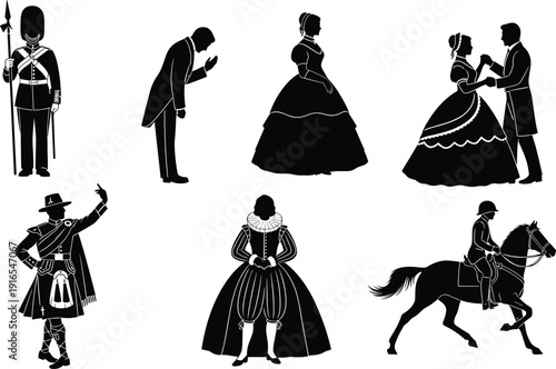 Victorian era silhouettes collection, historical people costumes set, royal guard lady gentleman dancer rider figures, vintage characters isolated vector