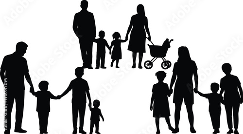 Family silhouette set with parents and children, happy parents walking with kids and stroller, love, care, parenting lifestyle concept