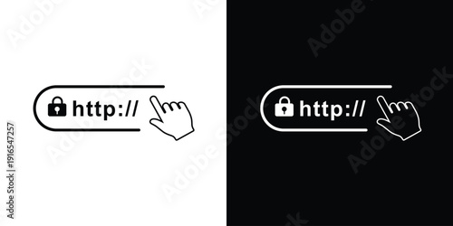Minimalist web URL address bar icon with "http://" and a hand clicking the cursor. Linear vector set in black and white backgrounds for website UX/UI design and digital access.