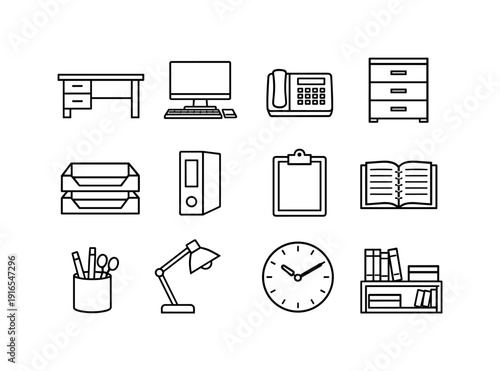 Customer value creation planning workspace in linear style: office desk, desktop computer, desk phone, filing cabinet, document tray, binder