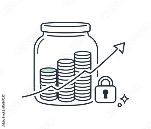 Mindful long-term savings and financial stability planning in everyday personal finance management focused on security, a closed jar with neatly