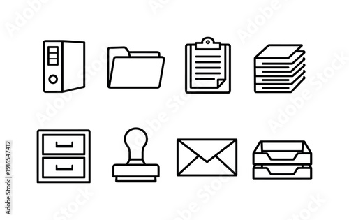CSR documentation and reporting tools in linear style: binder, document folder, clipboard, paper stack, filing cabinet, stamp, envelope, paper tray