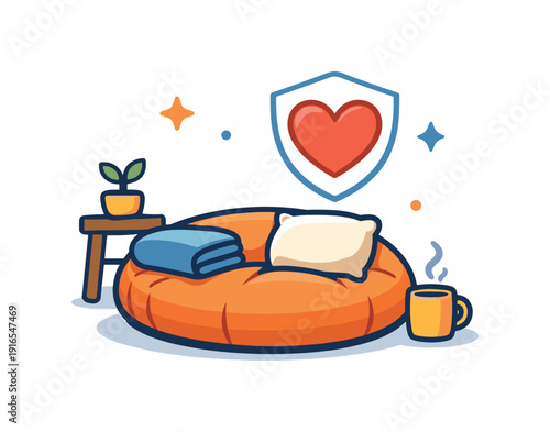 Everyday emotional comfort through maintaining a cozy and tidy resting corner at home for short pauses, a soft floor cushion paired with a heart icon