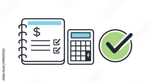 Focused financial review and monthly budgeting in a calm personal finance routine where spending is evaluated clearly, a simple notebook paired with a