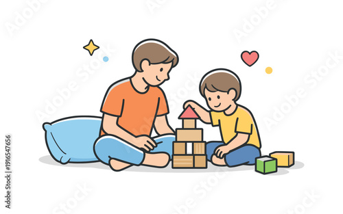 Quiet family afternoon at home focused on shared presence and gentle everyday closeness, a parent and child sitting on the floor building a simple