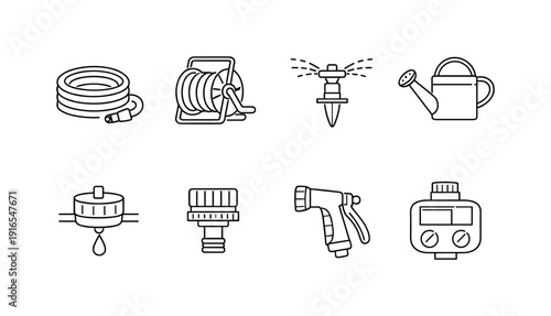 Garden irrigation items: garden hose, hose reel, sprinkler, watering can, drip emitter, tap connector, spray nozzle, water timer