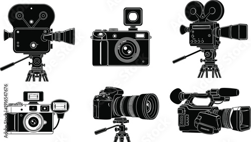 Professional camera and video equipment vector illustration set featuring vintage film digital photography and broadcast devices collection