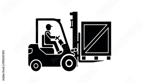 Black silhouette of a man driving a forklift with a shipping container
