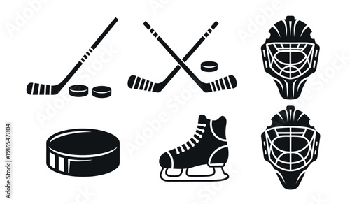 Black and white hockey equipment icons including sticks, puck, skate, and helmets
