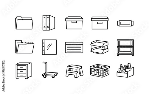 Home document organization items: file folder, ring binder, document box, archive box, label holder, divider tab, plastic sleeve, index card, paper