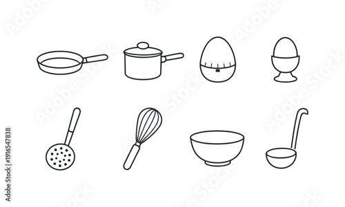 Kitchen egg cooking tools: frying pan, saucepan, egg timer, egg cup, slotted spoon, whisk, bowl, ladle