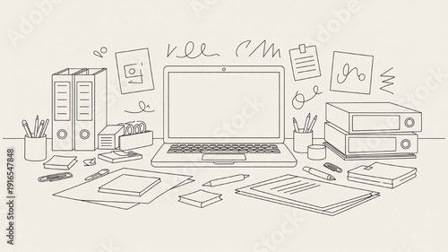 Doodle style desk with laptop binders papers and office supplies hand-drawn illustration for business and education concepts