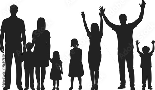 Family silhouettes together, parents and children unity, joyful bonding, diverse ages, group celebration, happy people, parenting love, childhood joy, family lifestyle, community spirit