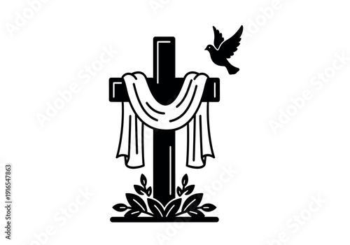 Black silhouette of a cross with a white cloth draped over it and a dove flying above