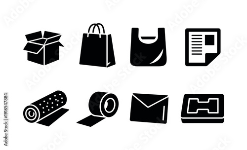 Retail packaging items: cardboard box, paper bag, plastic bag, shipping label, bubble wrap roll, packing tape, mailer envelope, foam insert