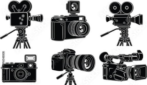 Vintage and modern camera equipment vector illustration set featuring film movie video and digital photography devices isolated collection