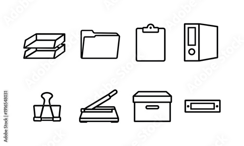 Office desk document tools: document tray, file folder, clipboard, ring binder, binder clip, paper cutter, archive box, label holder