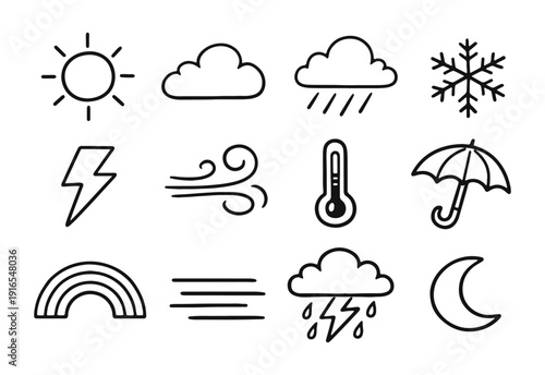 Hand-drawn weather icons set. Simple doodle style symbols for forecast and climate conditions.