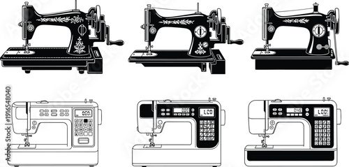 Vintage and modern sewing machine vector illustration set featuring classic manual and electronic models isolated collection