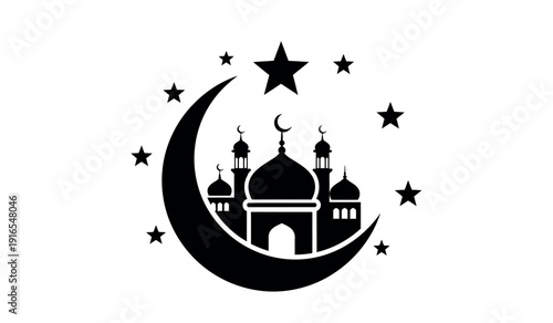 Black silhouette of a mosque with a crescent moon and stars on a for ramadan