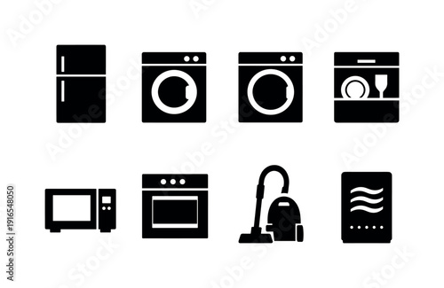 Home appliance essentials: refrigerator, washing machine, dryer, dishwasher, microwave, oven, vacuum cleaner, air purifier
