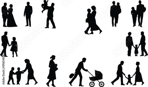 Family silhouettes, parenting scenes, caregiving moments, lifestyle concept, parents with children, happy family, daily life, relationships, love, bonding, stroller walk, togetherness