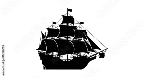 Vintage Black Silhouette Sailing Ship Illustration.