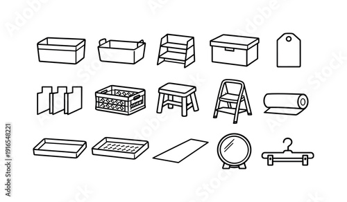 Home storage pantry items: storage bin, fabric basket, shelf organizer, storage box, label tag, divider insert, storage crate, folding stool, step