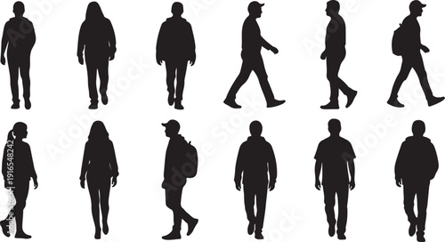 Silhouettes of people walking in various poses and directions