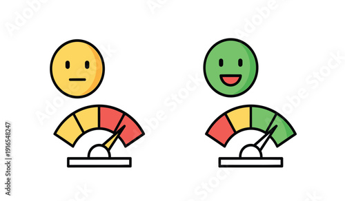 Two emoticons with gauges showing different levels of performance or progress comparison
