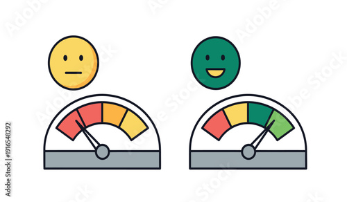 A colorful illustration of two gauges with smiling faces indicating performance or progress levels