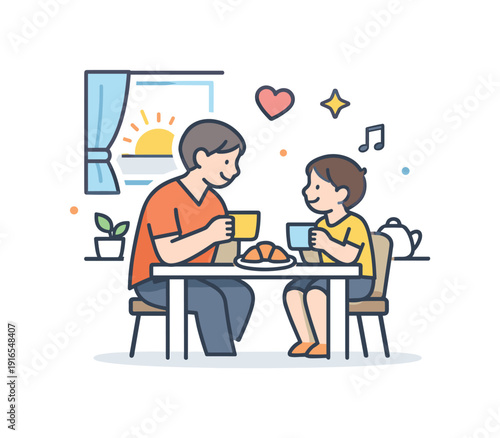 Calm family morning at home focused on shared routine and gentle presence before the day starts, an adult and child sitting at a small kitchen table