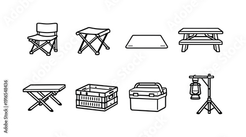 Outdoor camping seating gear: folding chair, camping stool, ground mat, picnic bench, folding table, storage crate, cooler box, lantern stand