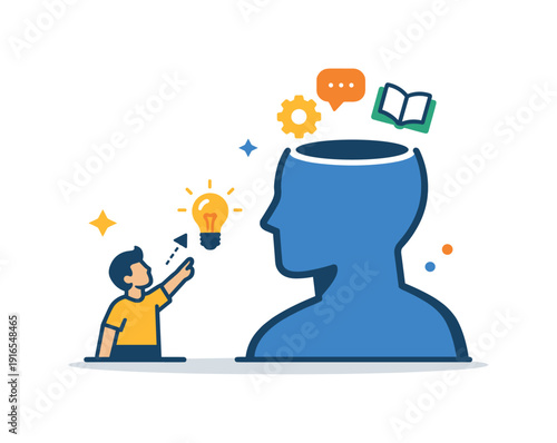 Reverse mentoring and learning upward across generations in organizations, a smaller figure sharing an idea upward to a larger silhouette symbolizing