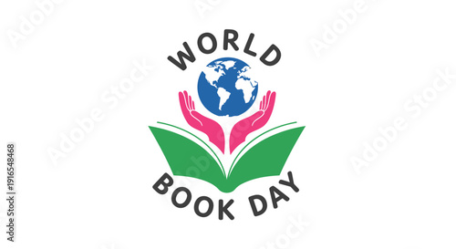 World Book Day vector logo illustration, globe on open book with hands, literacy symbol.