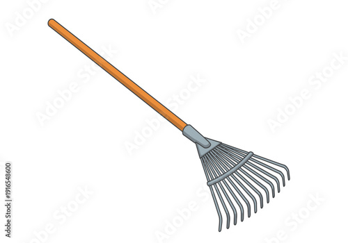 A garden rake with an orange handle and metal head for gardening and landscaping use