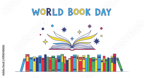 World Book Day icon collection. Includes book, reading, literacy, education symbols. Created in colorful flat style with rainbow palette.