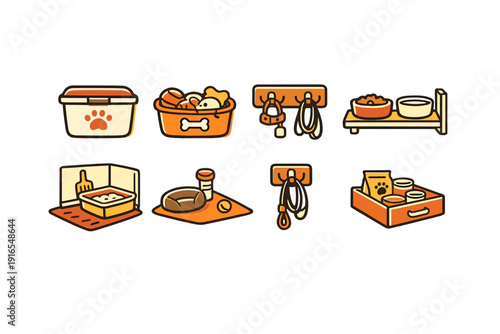 Illustrated pet care icons: feeding, toys, grooming, and accessories