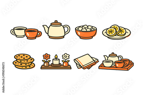 Cozy tea time setup with teapot, cups, and snacks