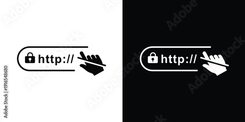 Interactive web browser icon with a hand clicking the address bar. Features circular tap ripples and a stylus line for touch screen interface and digital navigation concepts.