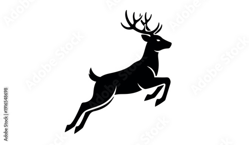 Black silhouette of a deer with antlers jumping in a dynamic pose