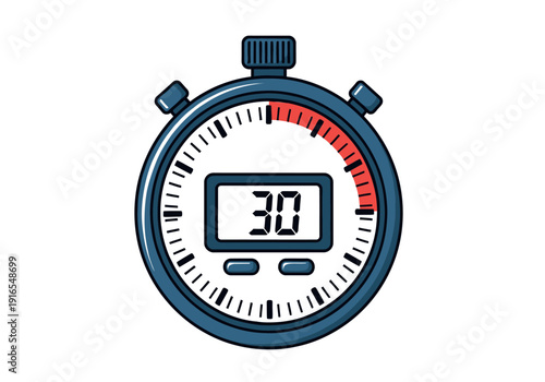 Digital stopwatch with red timer on showing thirty seconds on screen display