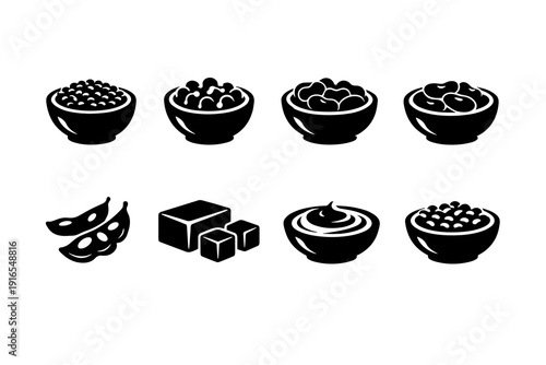 Various legumes and soy products icons in black and white