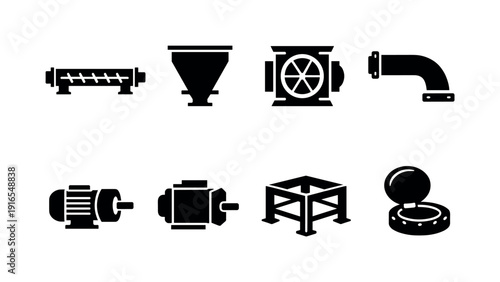 Industrial powder conveying line: screw conveyor, feed hopper, rotary valve, conveying pipe, drive motor, gearbox unit, support frame, inspection